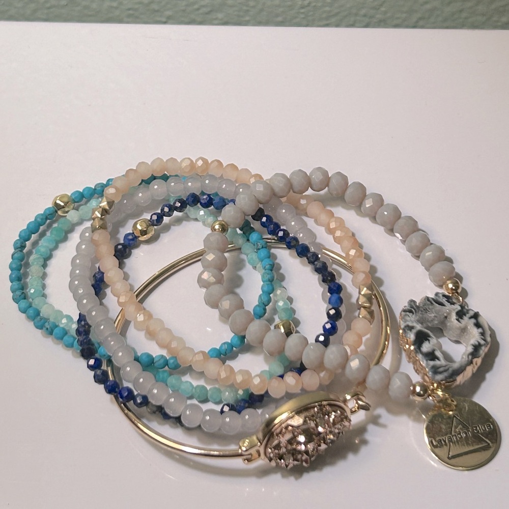 Lavender Blue Brand Gold and Agate Beaded Bracelet Stack